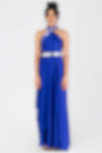 Blue Satin Chiffon Maxi Cocktail Dress by Amit Aggarwal at Pernia's Pop Up Shop