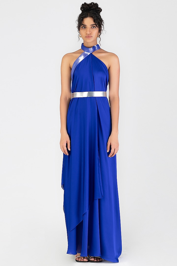Blue Satin Chiffon Maxi Cocktail Dress by Amit Aggarwal at Pernia's Pop Up Shop