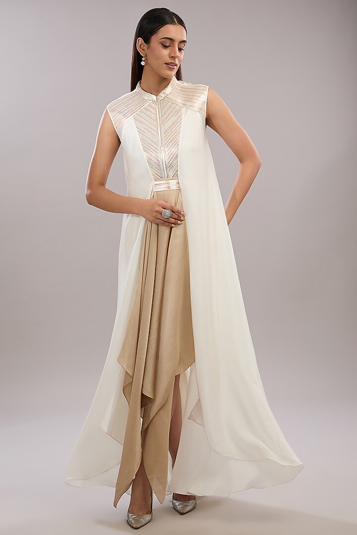 Pearl White & Sand Colored Metallic Polymer Cocktail Dress. by Amit Aggarwal at Pernia's Pop Up Shop
