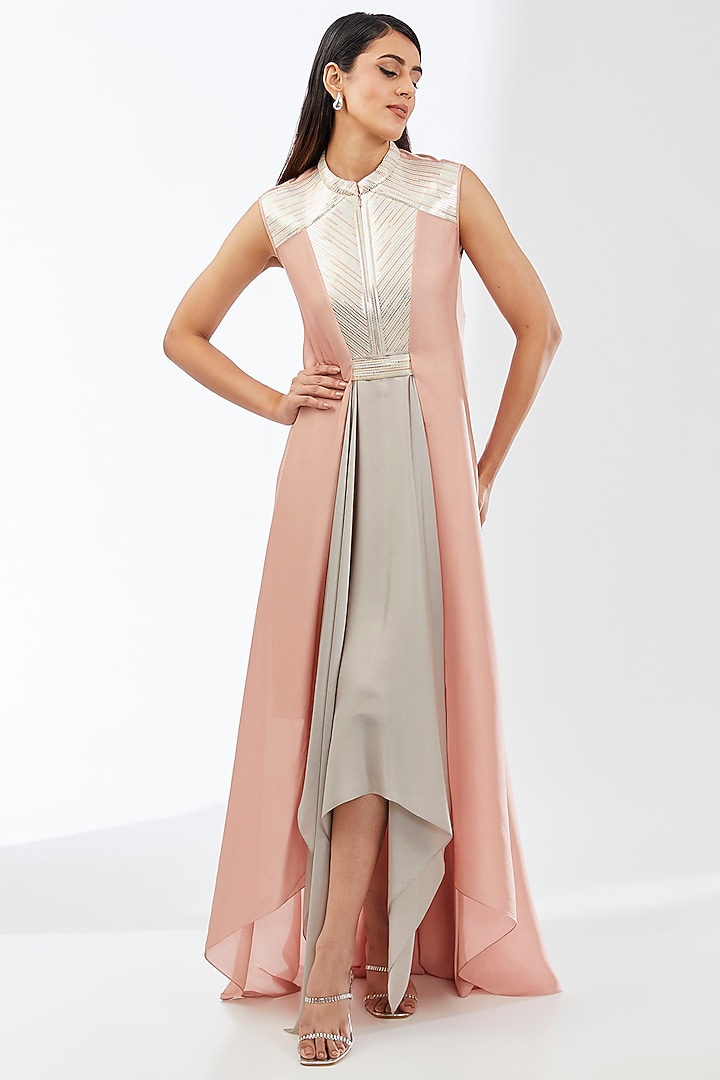 Rose Steel Satin Chiffon Cocktail Dress by Amit Aggarwal at Pernia's Pop Up Shop