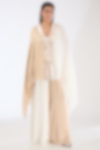 Pearl White & Sand Satin Chiffon Cape Set by Amit Aggarwal at Pernia's Pop Up Shop
