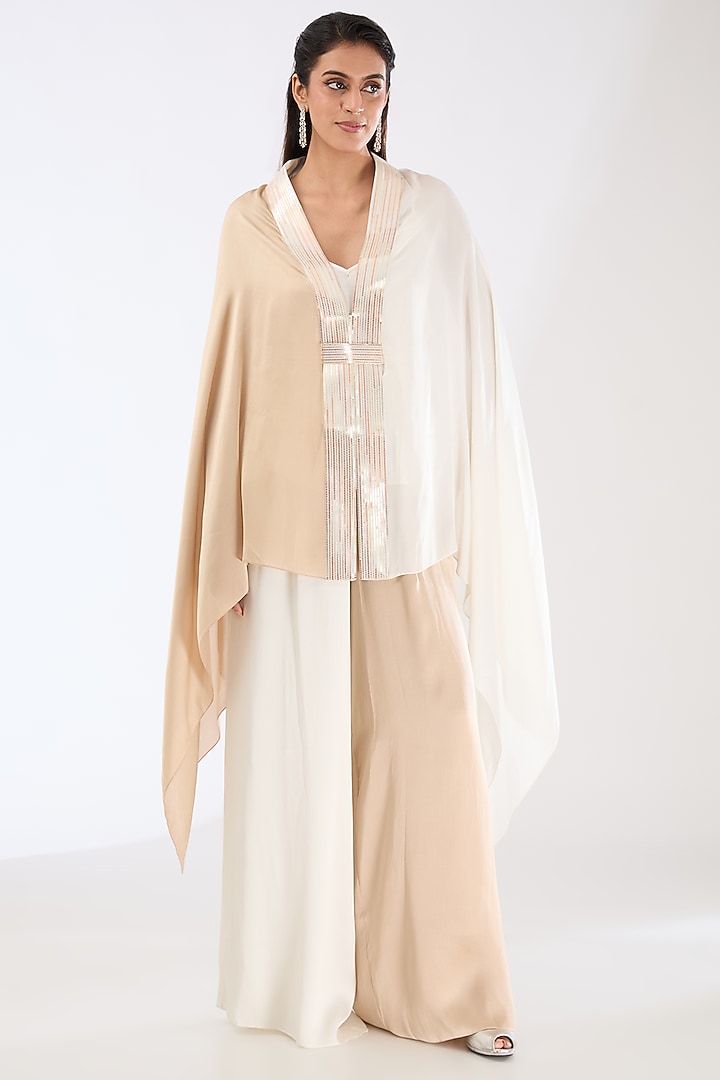 Pearl White & Sand Satin Chiffon Cape Set by Amit Aggarwal at Pernia's Pop Up Shop