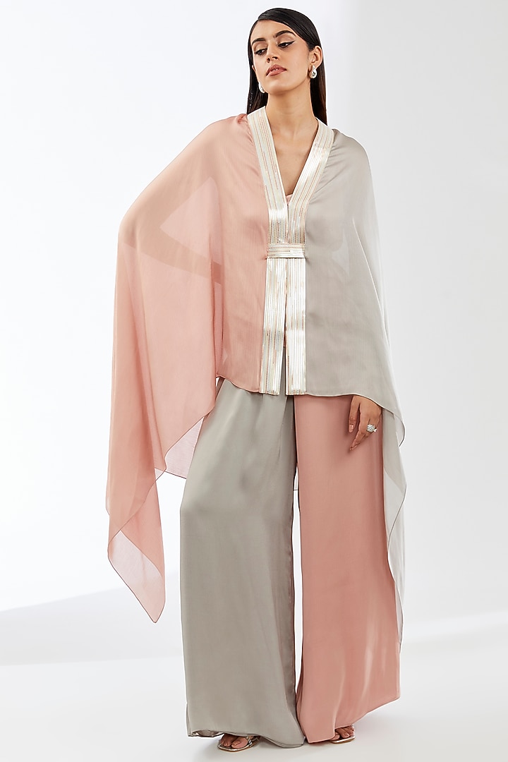 Rose Steel Satin Chiffon Cape Set by Amit Aggarwal at Pernia's Pop Up Shop