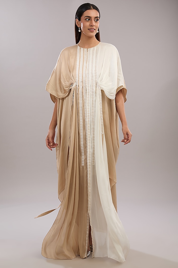 Pearl White & Sand Colored Metallic Polymer Engagement Gown by Amit Aggarwal at Pernia's Pop Up Shop