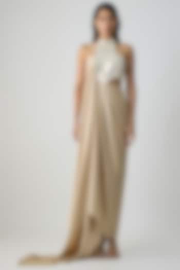 Sand-Colored Satin Chiffon Maxi Party Wear Dress by Amit Aggarwal at Pernia's Pop Up Shop