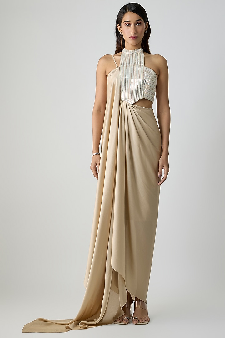 Sand-Colored Satin Chiffon Maxi Party Wear Dress by Amit Aggarwal at Pernia's Pop Up Shop