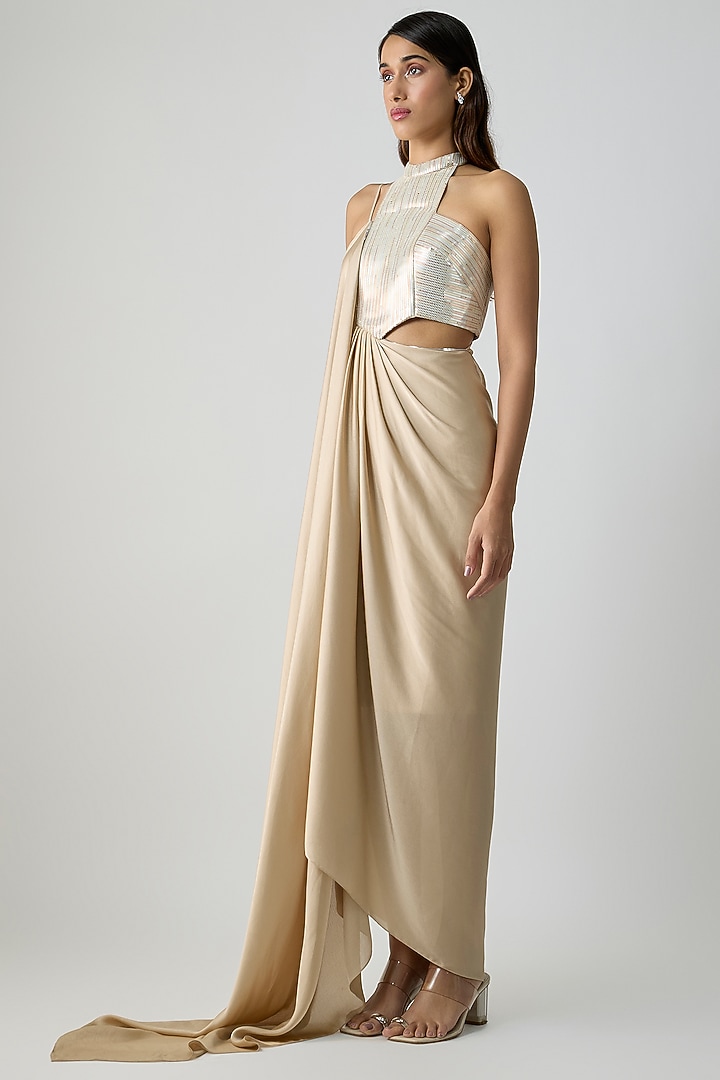 Sand-Colored Satin Chiffon Maxi Party Wear Dress by Amit Aggarwal at Pernia's Pop Up Shop