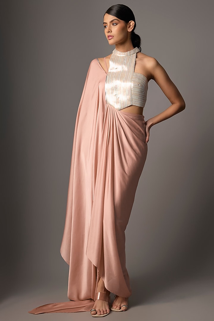Rose Satin Chiffon Draped Party Wear Dress by Amit Aggarwal at Pernia's Pop Up Shop