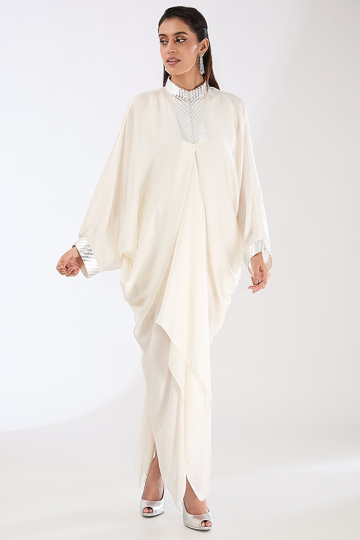 Pearl White Satin Chiffon Maxi Vacation Dress by Amit Aggarwal at Pernia's Pop Up Shop