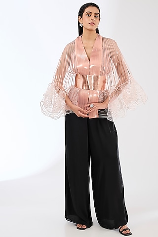 Rose Pink Net Cape Set by Amit Aggarwal