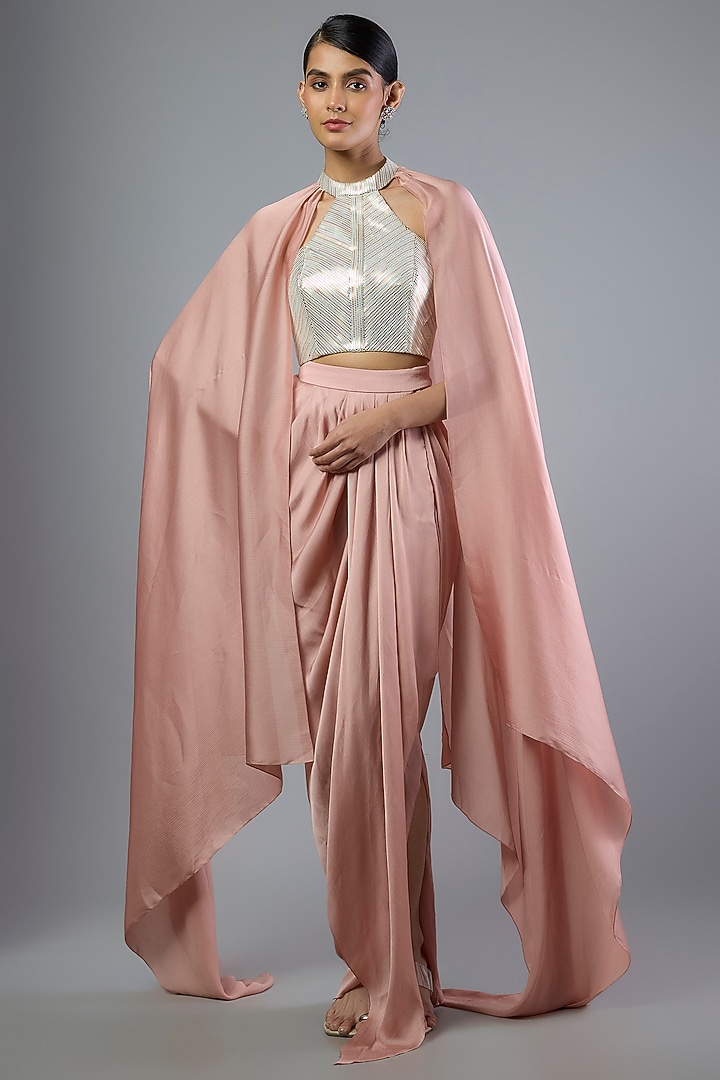 Rose Pink Satin Chiffon Skirt Set by Amit Aggarwal at Pernia's Pop Up Shop