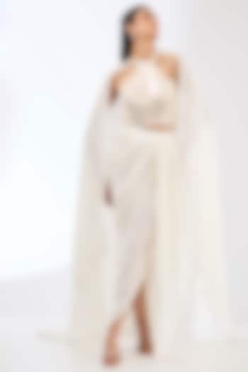 Pearl White Satin Chiffon Dhoti Skirt Set by Amit Aggarwal at Pernia's Pop Up Shop
