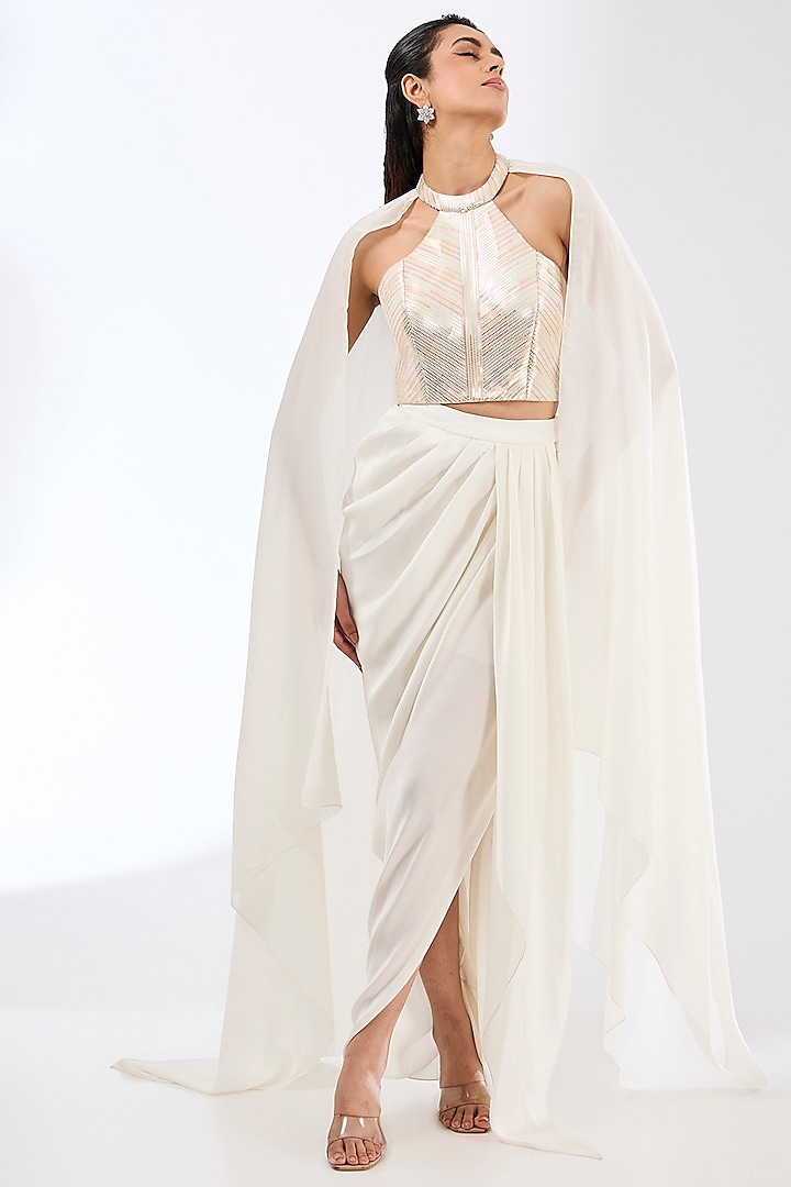 Pearl White Satin Chiffon Dhoti Skirt Set by Amit Aggarwal at Pernia's Pop Up Shop