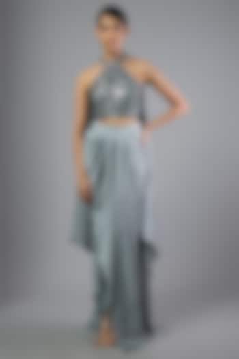 Steel Grey Satin Chiffon Skirt Set by Amit Aggarwal at Pernia's Pop Up Shop