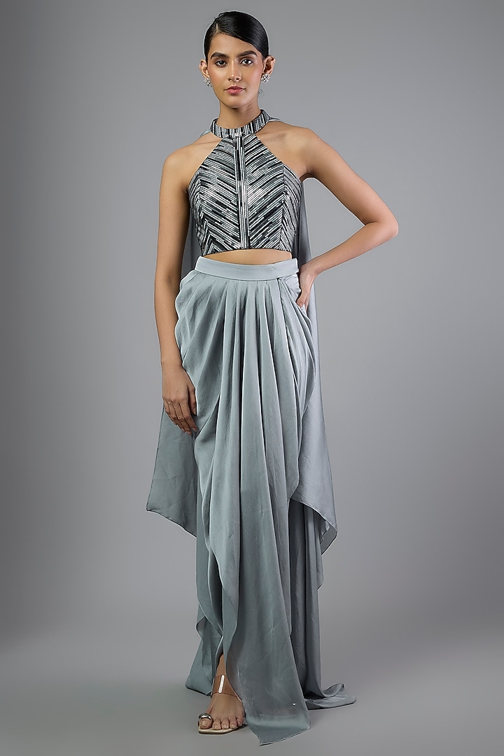 Steel Grey Satin Chiffon Skirt Set by Amit Aggarwal at Pernia's Pop Up Shop