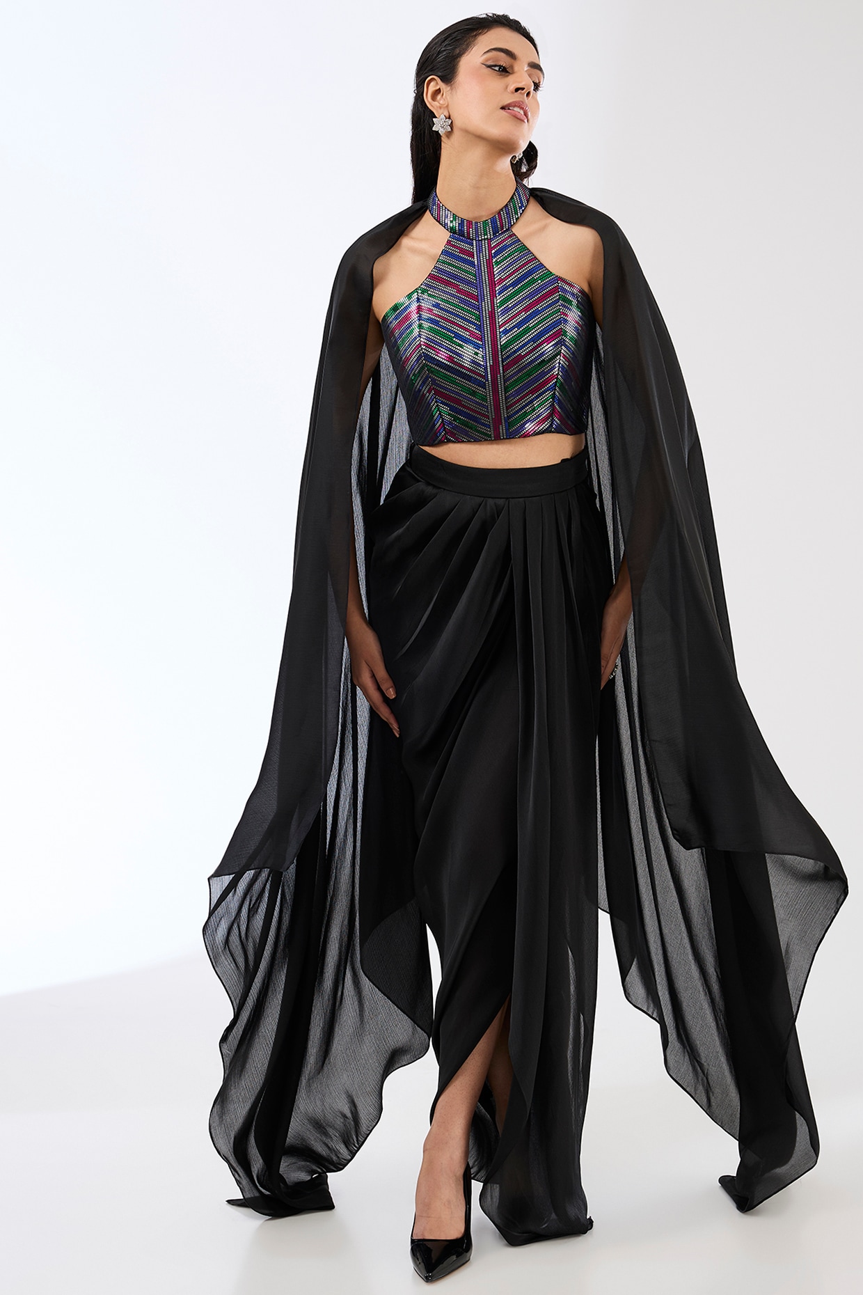 Black Satin Chiffon Dhoti Skirt Set by Amit Aggarwal at