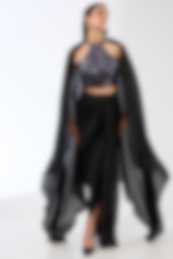 Black Satin Chiffon Dhoti Skirt Set by Amit Aggarwal at Pernia's Pop Up Shop