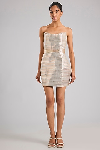 Multi-Colored Metallic Striper Mini Dress With Belt by Amit Aggarwal