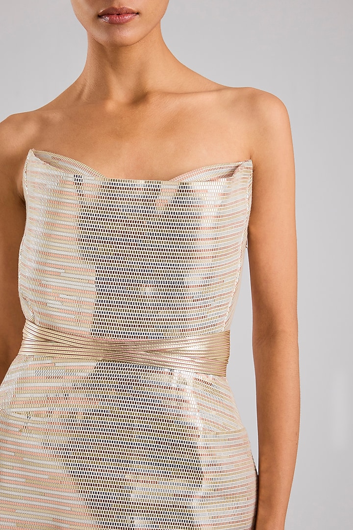 Multi-Colored Metallic Striper Mini Party Wear Dress With Belt by Amit Aggarwal at Pernia's Pop Up Shop