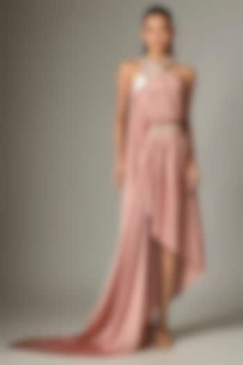 Rose Pink Crinkle Chiffon Draped Metallic Cocktail Dress by Amit Aggarwal at Pernia's Pop Up Shop