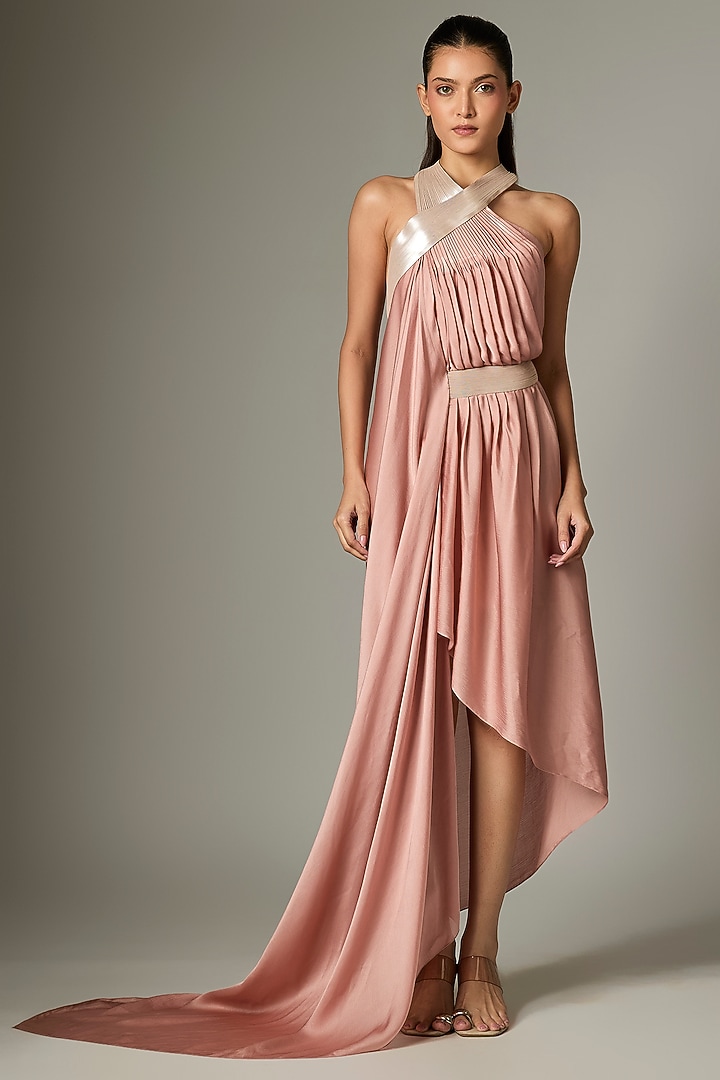 Rose Pink Crinkle Chiffon Draped Metallic Cocktail Dress by Amit Aggarwal at Pernia's Pop Up Shop