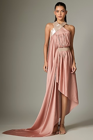 Rose Pink Crinkle Chiffon Draped Metallic Dress by Amit Aggarwal