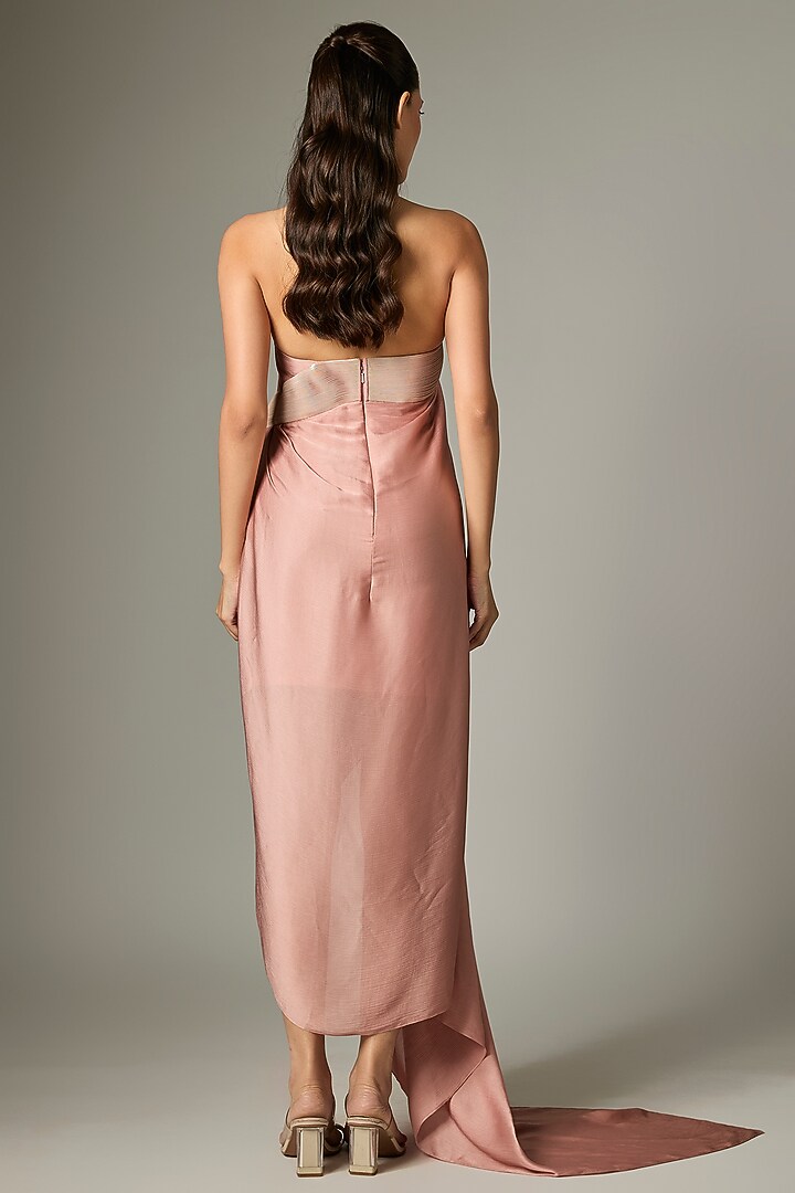Rose Pink Crinkle Chiffon Draped Metallic Cocktail Dress by Amit Aggarwal at Pernia's Pop Up Shop