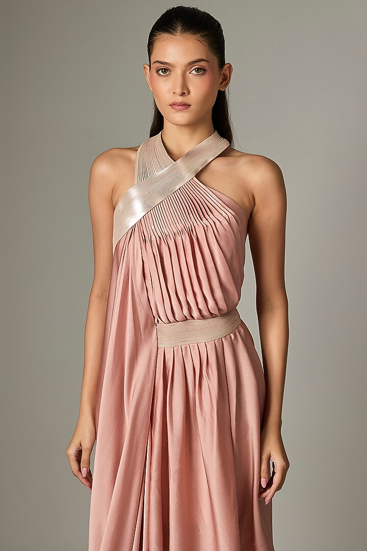 Rose Pink Crinkle Chiffon Draped Metallic Cocktail Dress by Amit Aggarwal at Pernia's Pop Up Shop