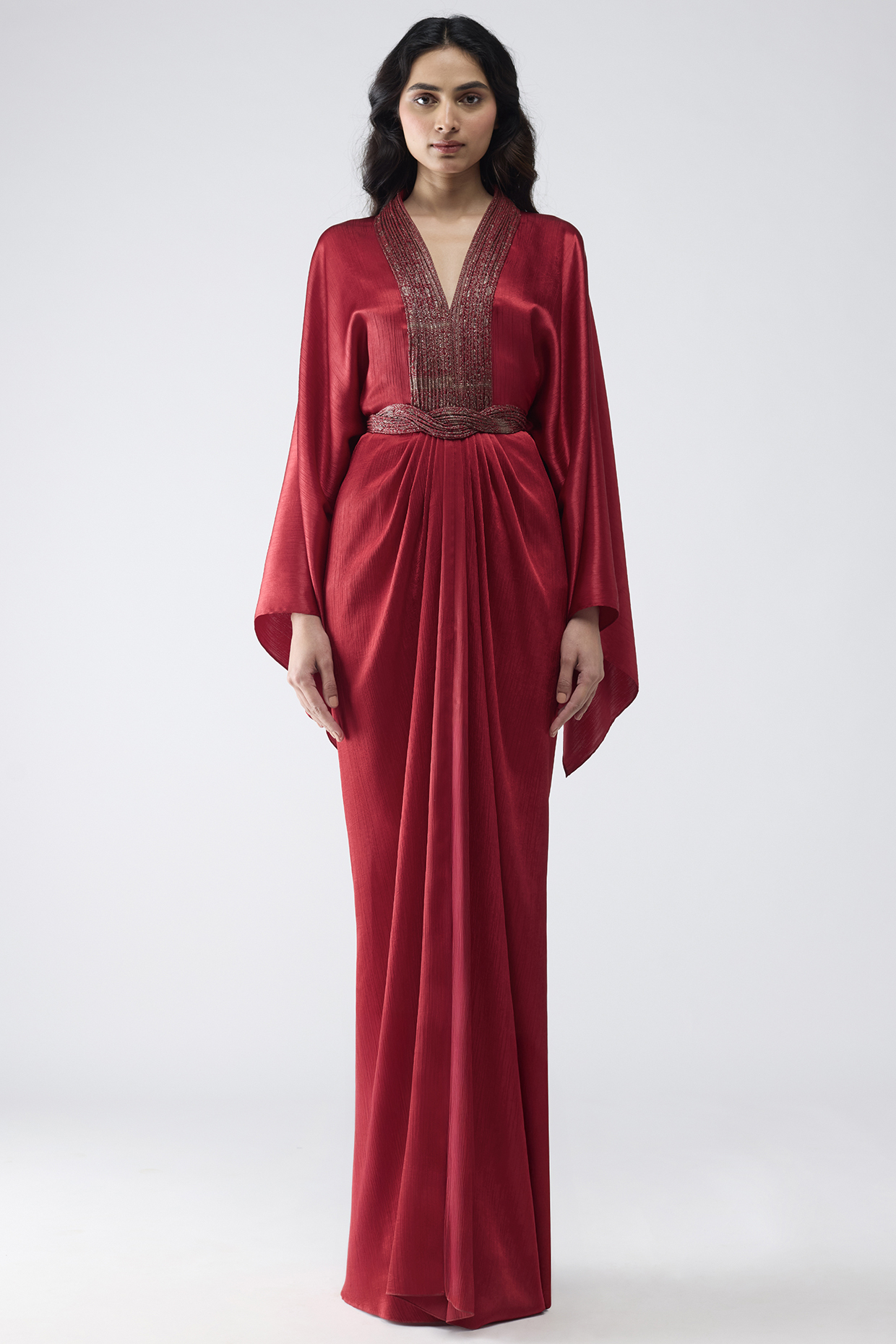Deep Red Satin Chiffon Fluid Kaftan Cocktail Dress by Amit Aggarwal at Pernia's Pop Up Shop