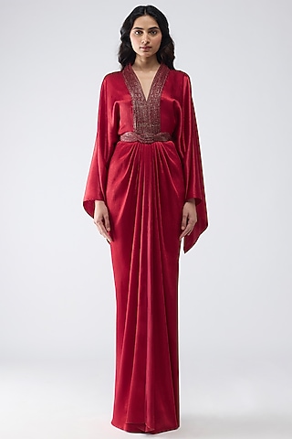 Deep Red Satin Chiffon Fluid Kaftan Dress by Amit Aggarwal