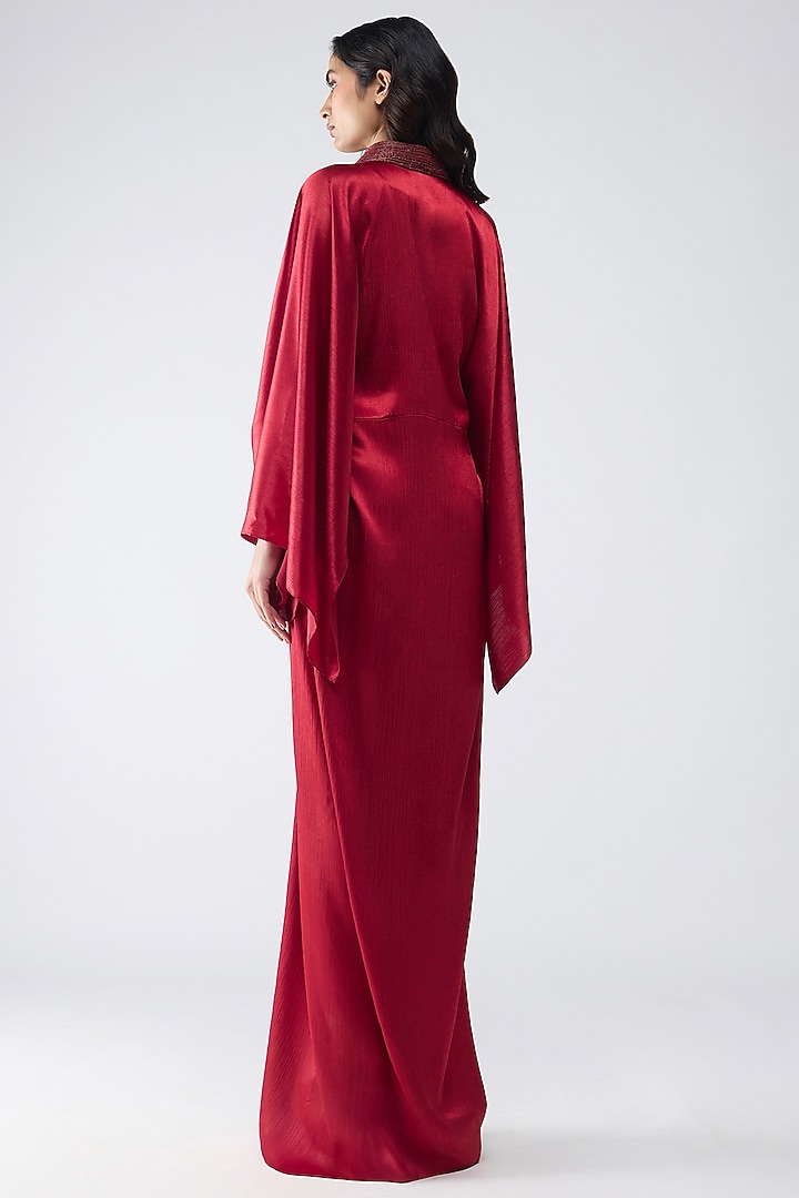Deep Red Satin Chiffon Fluid Kaftan Party Wear Dress by Amit Aggarwal at Pernia's Pop Up Shop