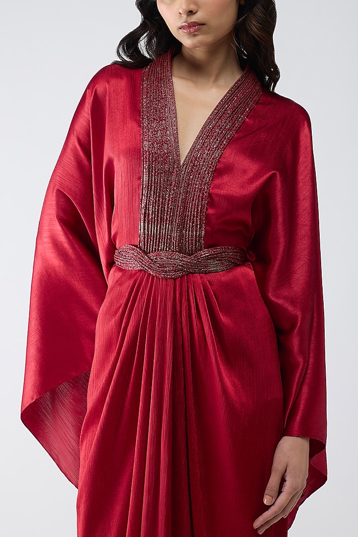 Deep Red Satin Chiffon Fluid Kaftan Party Wear Dress by Amit Aggarwal at Pernia's Pop Up Shop