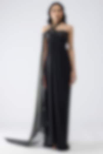Onyx Black Satin Chiffon Draped Halter Party Wear Dress by Amit Aggarwal at Pernia's Pop Up Shop