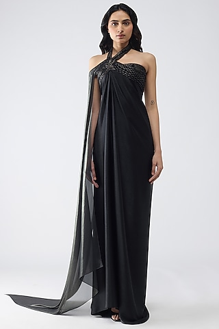Onyx Black Satin Chiffon Draped Halter Dress by Amit Aggarwal