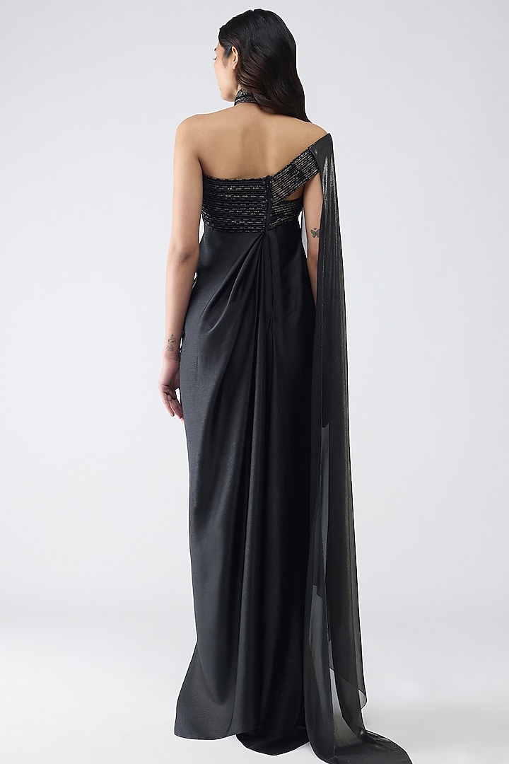 Onyx Black Satin Chiffon Draped Halter Party Wear Dress by Amit Aggarwal at Pernia's Pop Up Shop