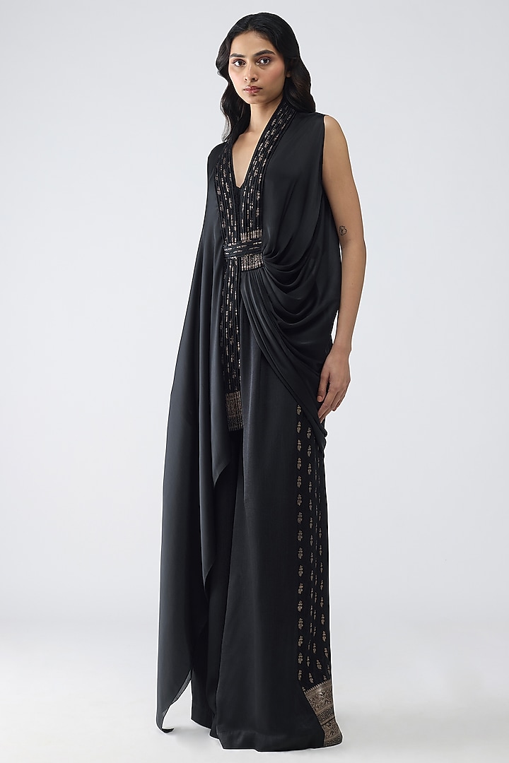 Onyx Black Satin Fluid Cape Set by Amit Aggarwal at Pernia's Pop Up Shop
