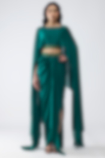 Emerald Green Satin Chiffon Cape Set by Amit Aggarwal at Pernia's Pop Up Shop