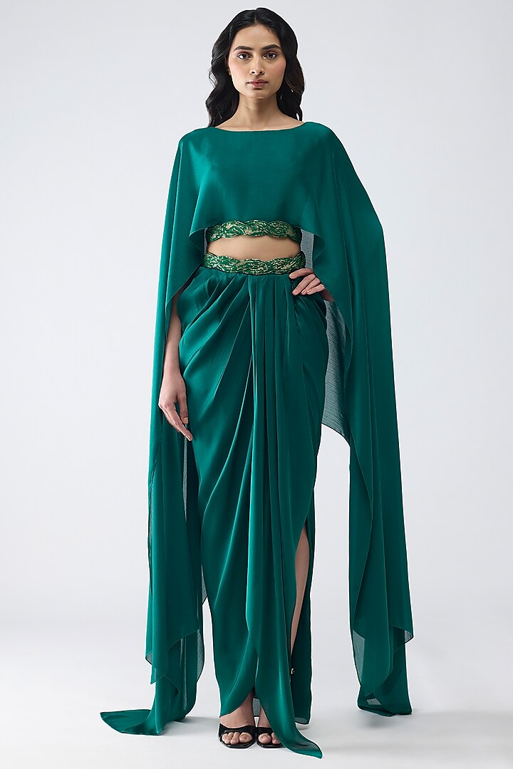 Emerald Green Satin Chiffon Cape Set by Amit Aggarwal at Pernia's Pop Up Shop