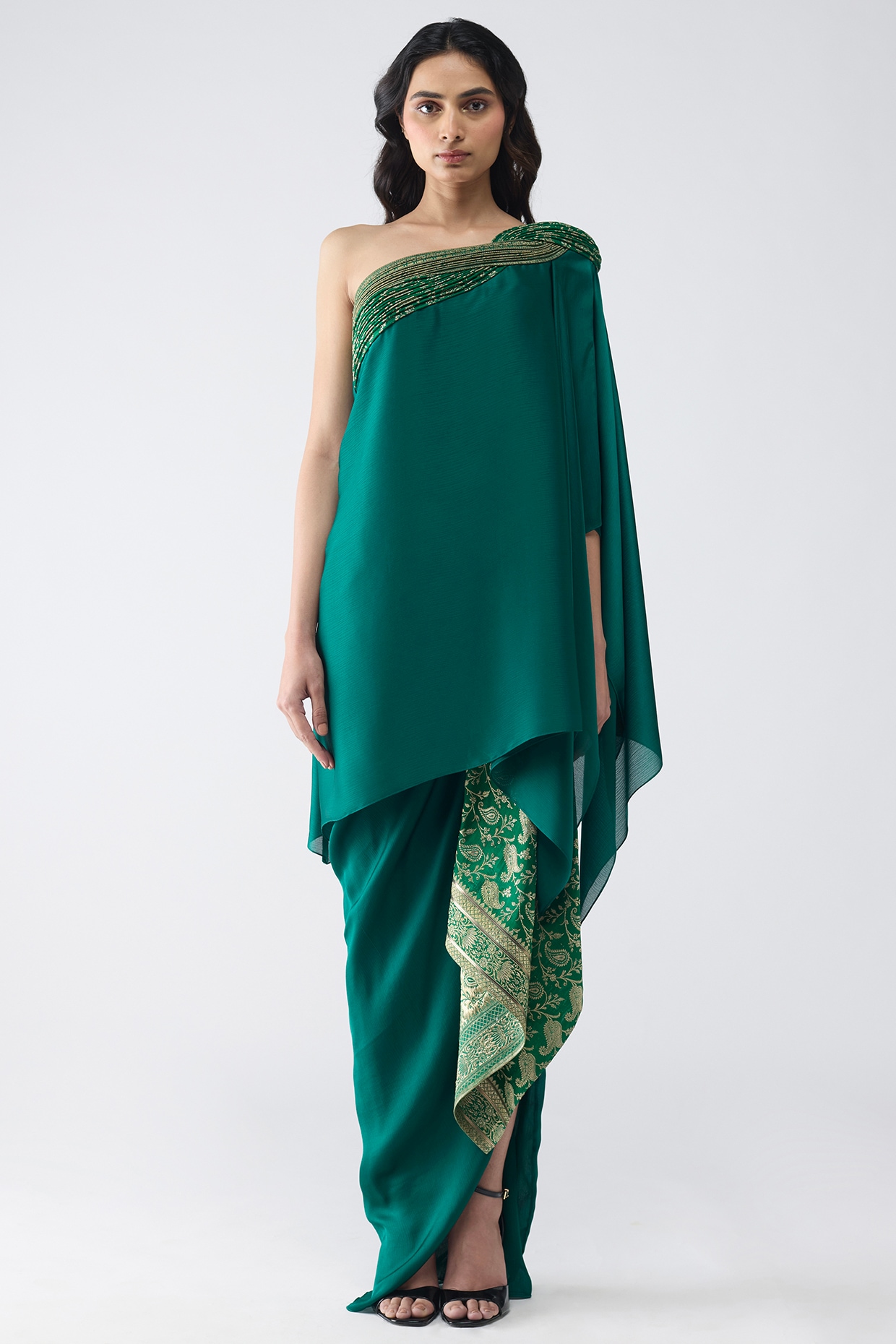 Amit Aggarwal Emerald Green Satin Chiffon One-Shoulder Cape Set