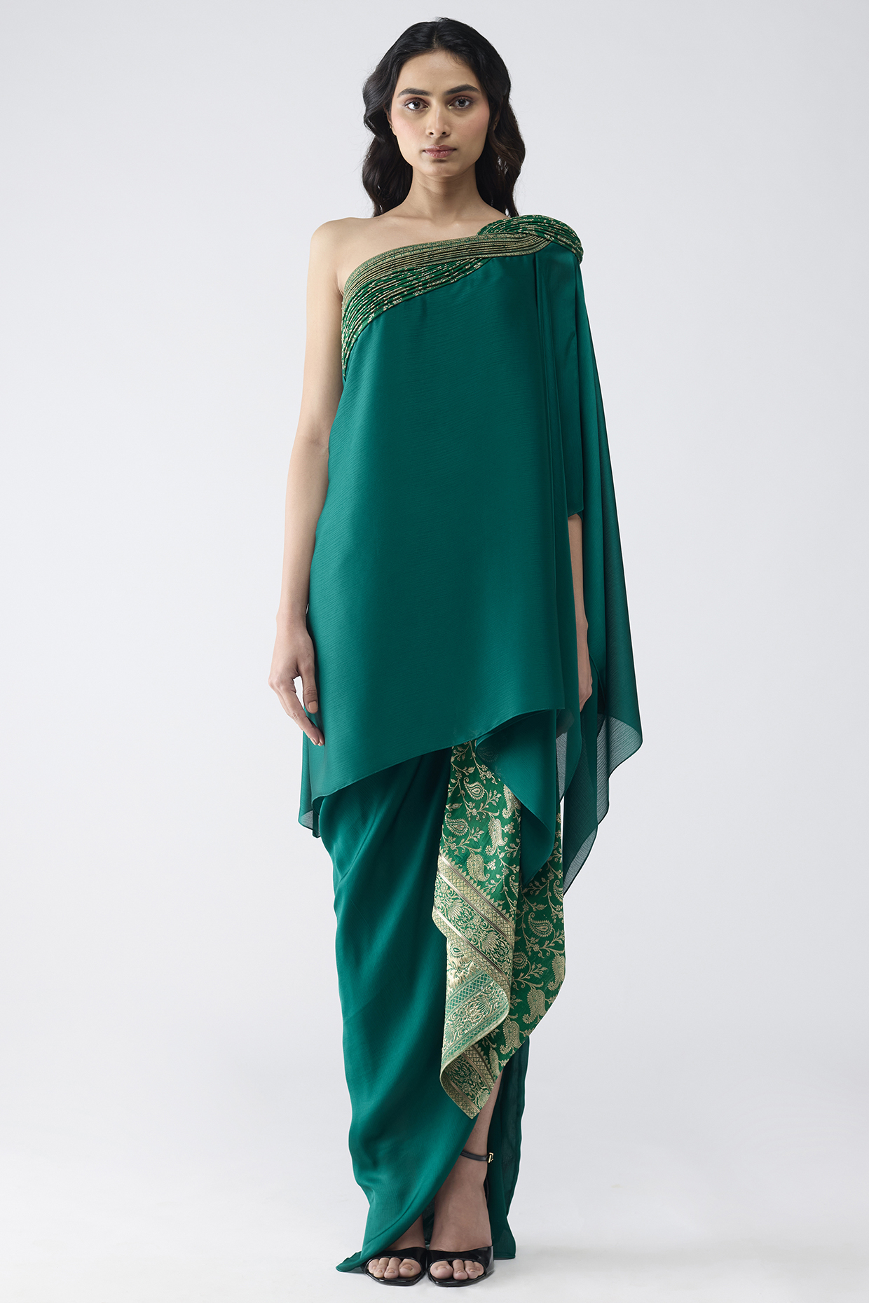 Emerald Green Satin Chiffon One-Shoulder Cape Set by Amit Aggarwal at Pernia's Pop Up Shop