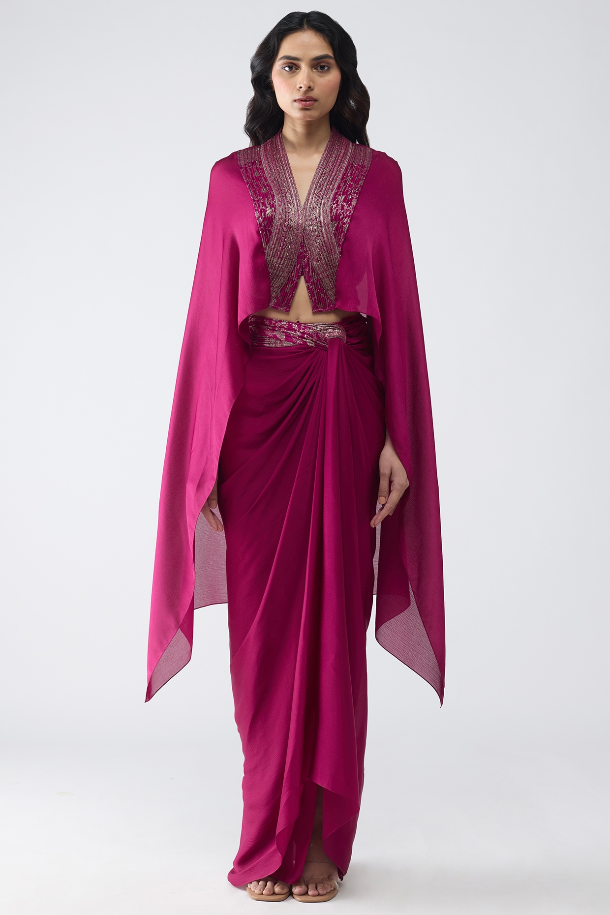 Amit Aggarwal Garnet Satin Chiffon Structured Cape Set