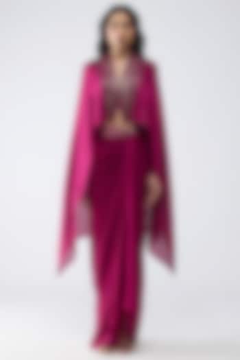Garnet Satin Chiffon Structured Cape Set by Amit Aggarwal at Pernia's Pop Up Shop