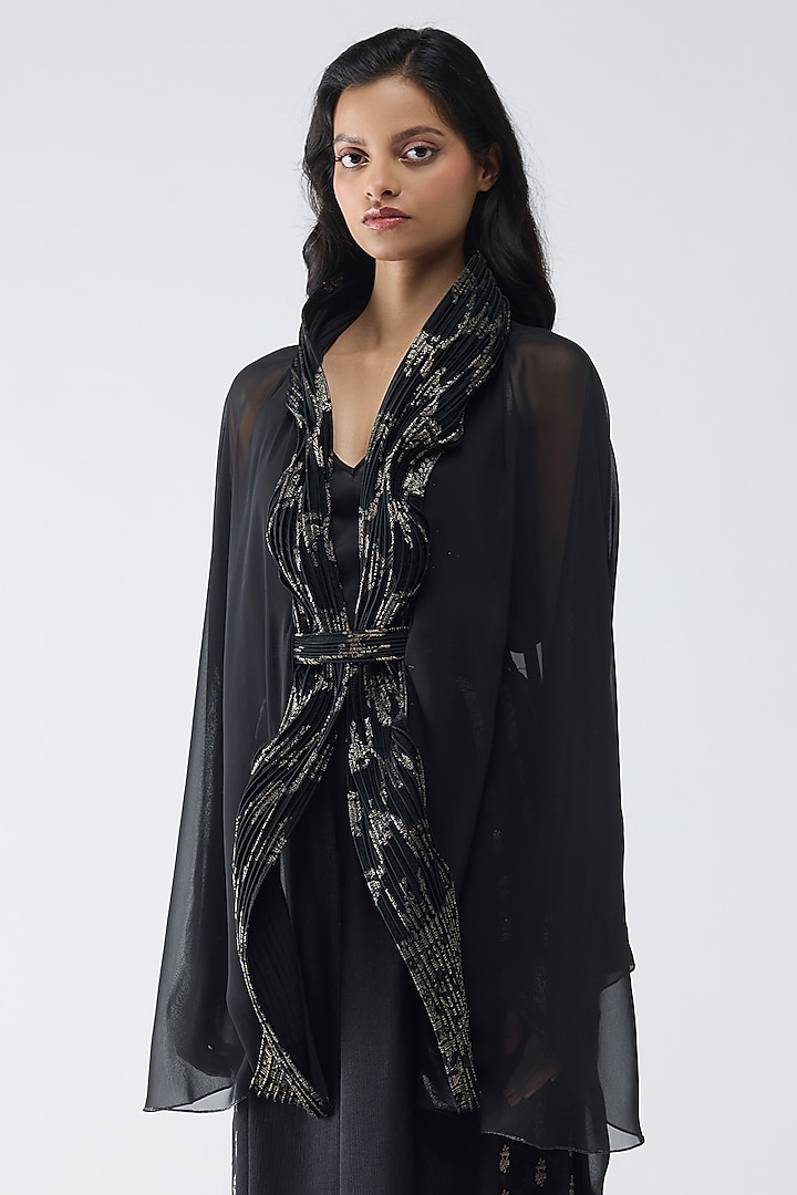 Onyx Black Glazed Chiffon Fluid Cape Set by Amit Aggarwal at Pernia's Pop Up Shop