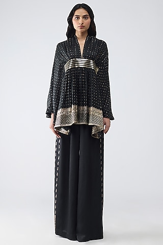 Onyx Black Satin Chiffon Short Kaftan Set by Amit Aggarwal