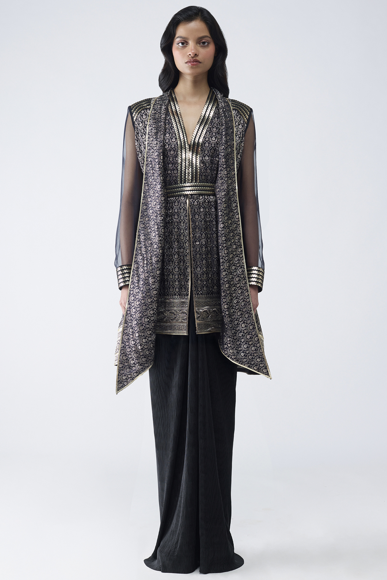 Onyx Black Satin Chiffon Long Shirt With Inner & Belt by Amit Aggarwal at Pernia's Pop Up Shop