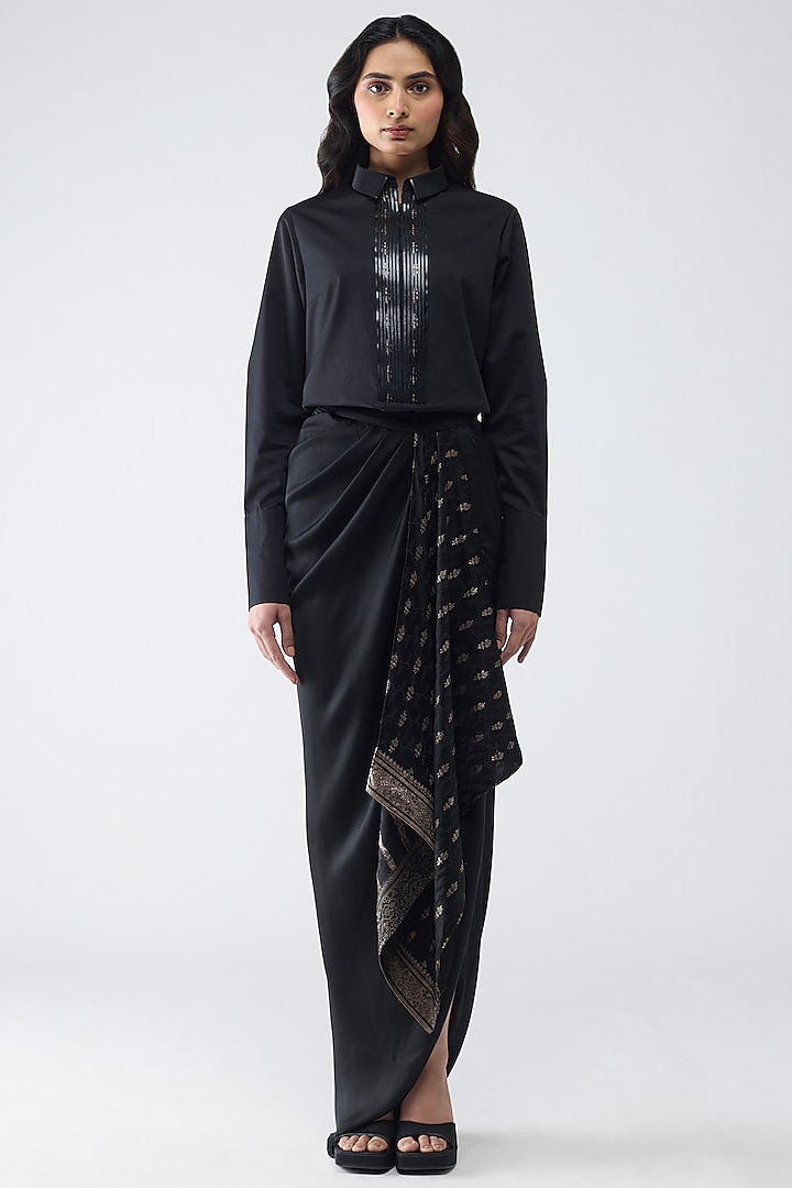 Onyx Black Satin Chiffon Draped Skirt Set by Amit Aggarwal at Pernia's Pop Up Shop