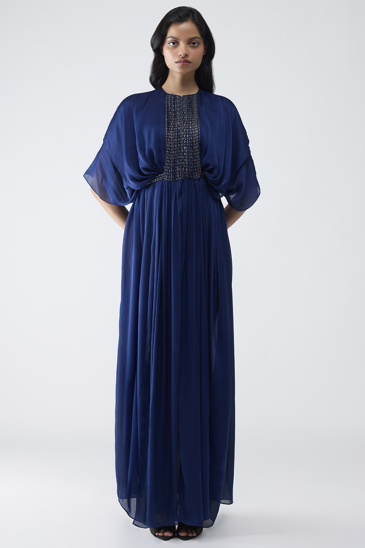 Cosmos Blue Satin Chiffon Pleated Layered Cocktail Dress by Amit Aggarwal at Pernia's Pop Up Shop