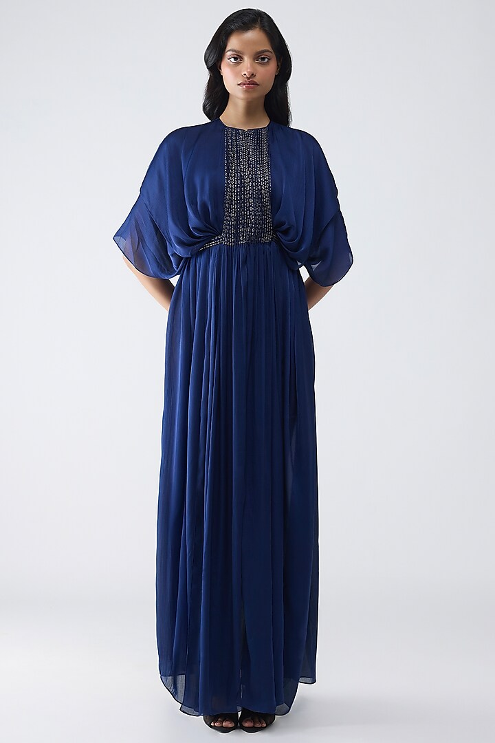 Cosmos Blue Satin Chiffon Pleated Layered Cocktail Dress by Amit Aggarwal at Pernia's Pop Up Shop