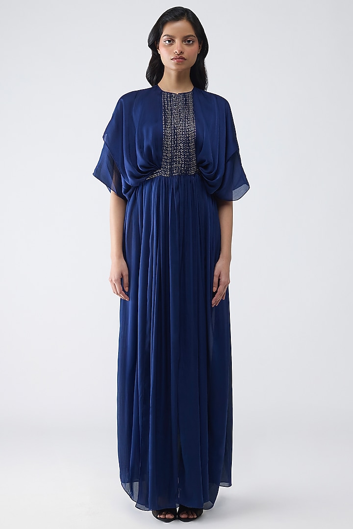 Cosmos Blue Satin Chiffon Pleated Layered Cocktail Dress by Amit Aggarwal at Pernia's Pop Up Shop