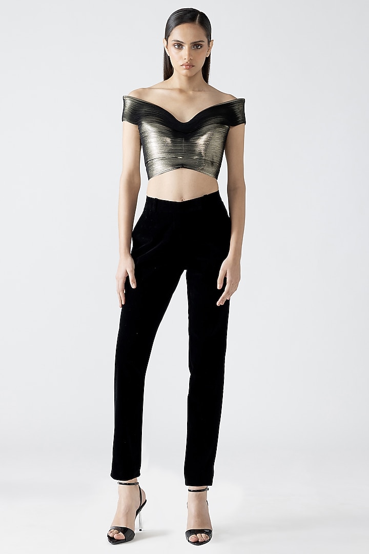 Gold Metallic Patti Micro-Pleated Top by Amit Aggarwal at Pernia's Pop Up Shop